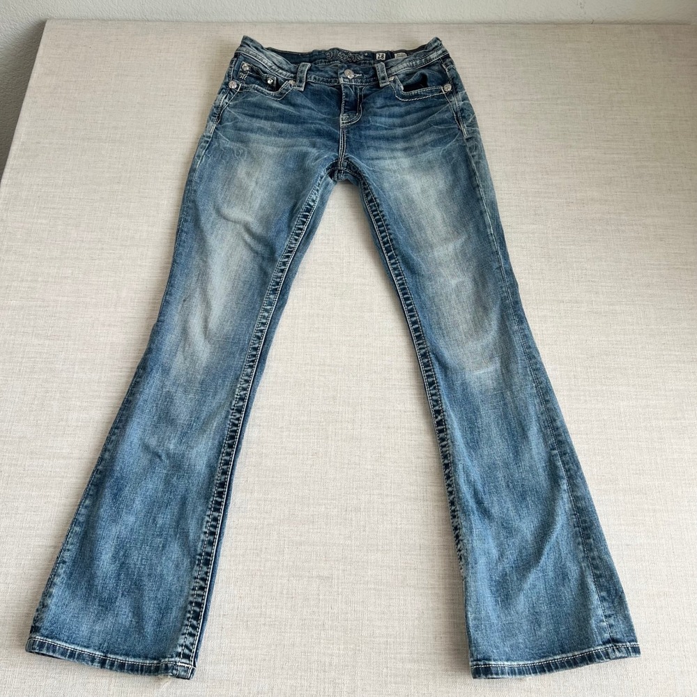 Miss Me Easy Boot Jeans Womens 28 Blue Good Distressed Embroidered B3115EB2L